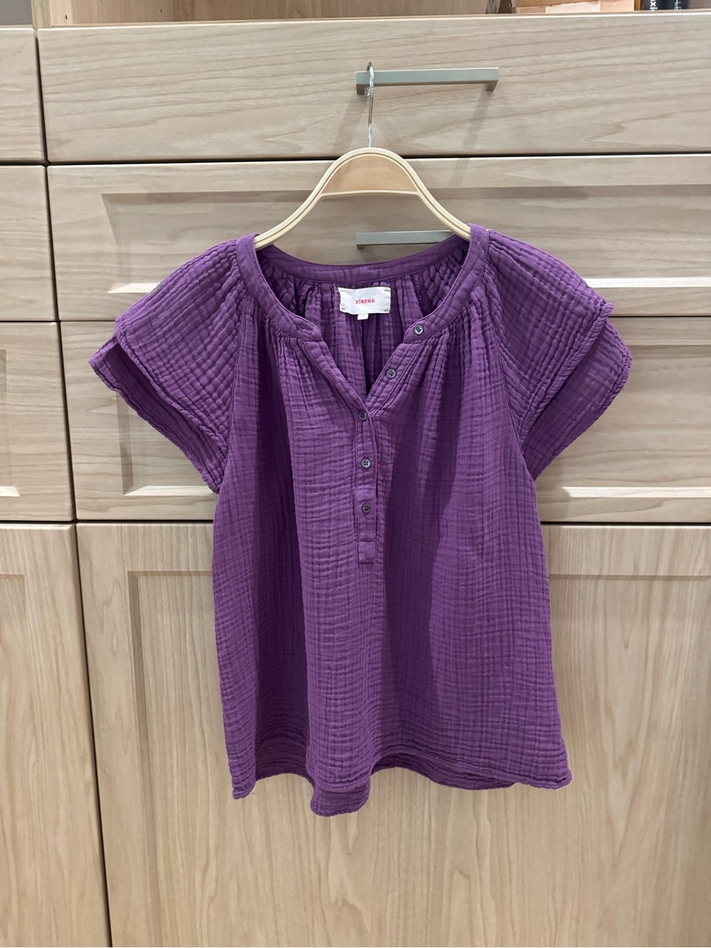 XiRENA Purple Gauze Short Sleeve Peasant Blouse
